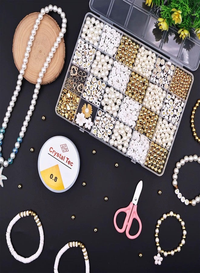 Guellix White Gold DIY Bracelet Kit Jewelry Making Set Beads Alphabet Pearl Golden Charms Elastic Thread Tools Storage Box for Girls Kids Women Art Craft Hobby Gift Set Golden White Article - Image 1